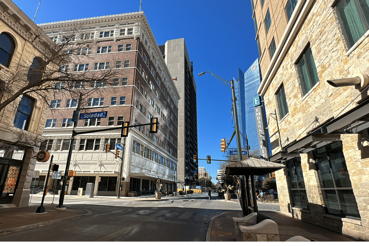 Street view of Houston Street at Soledad Street Intersection facing west