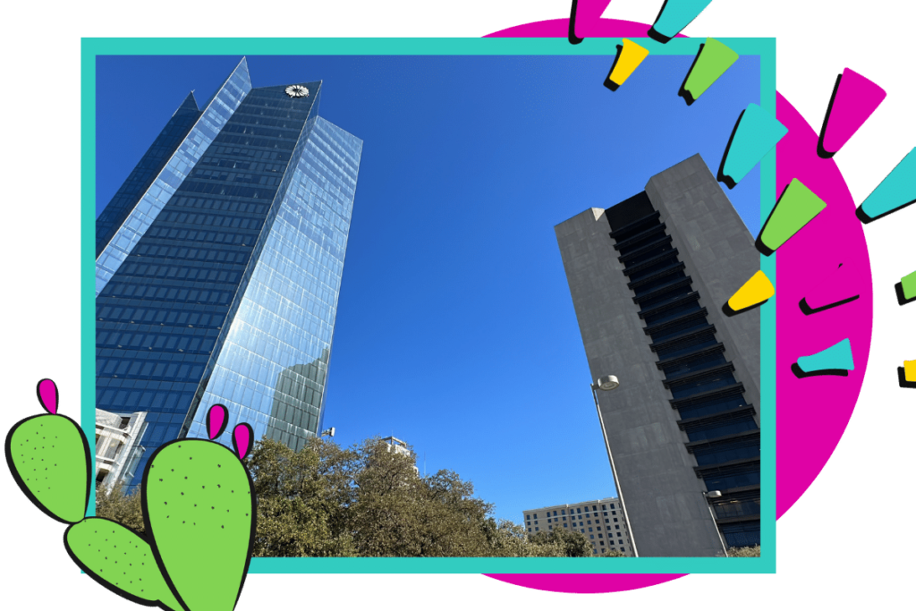 Building view of Frost Tower and Frost City Tower in San Antonio, Texas