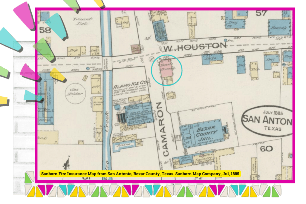 1885 map image of corner of Houston and Cameron Streets.