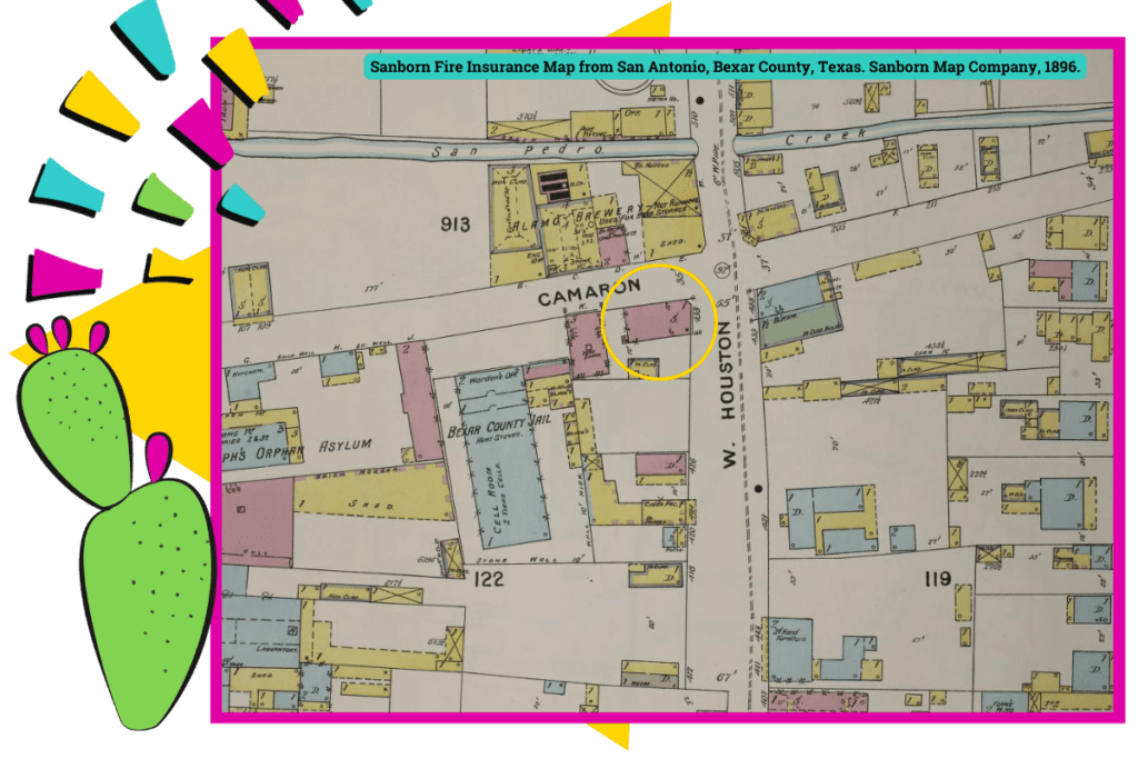 1896 map view of corner of Houston and Cameron Streets. 