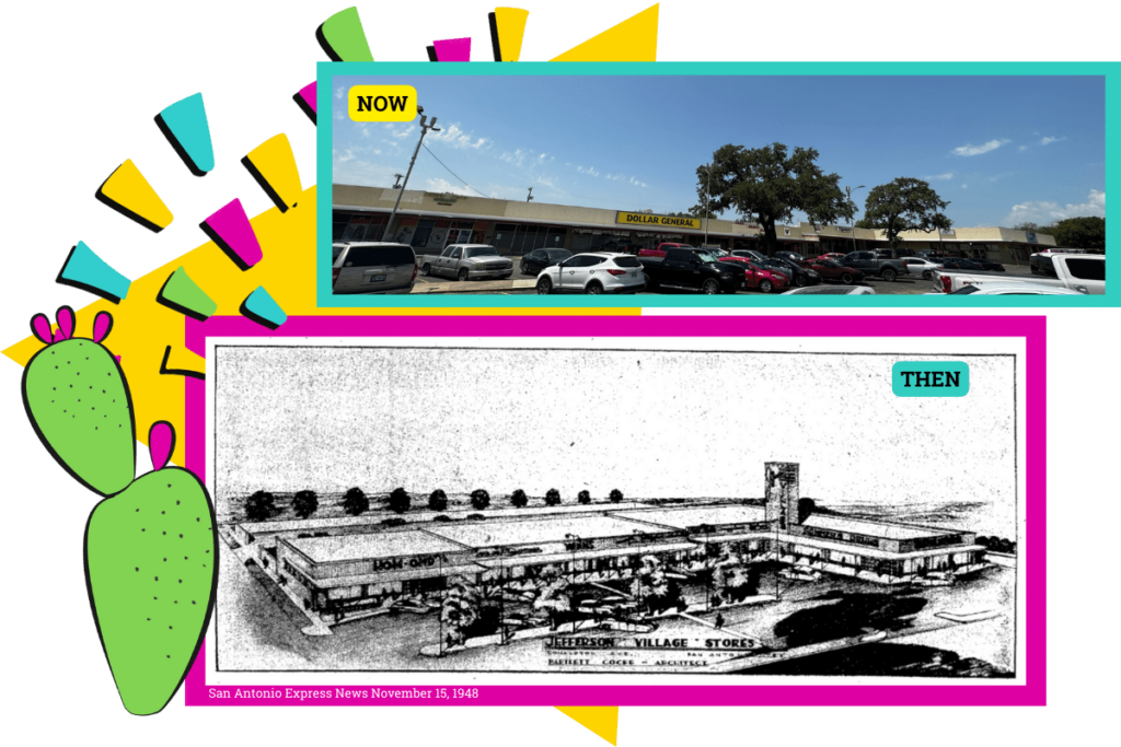 Photos of Jefferson Village Shopping Center in 2023 and 1948 Newspaper Ad. 