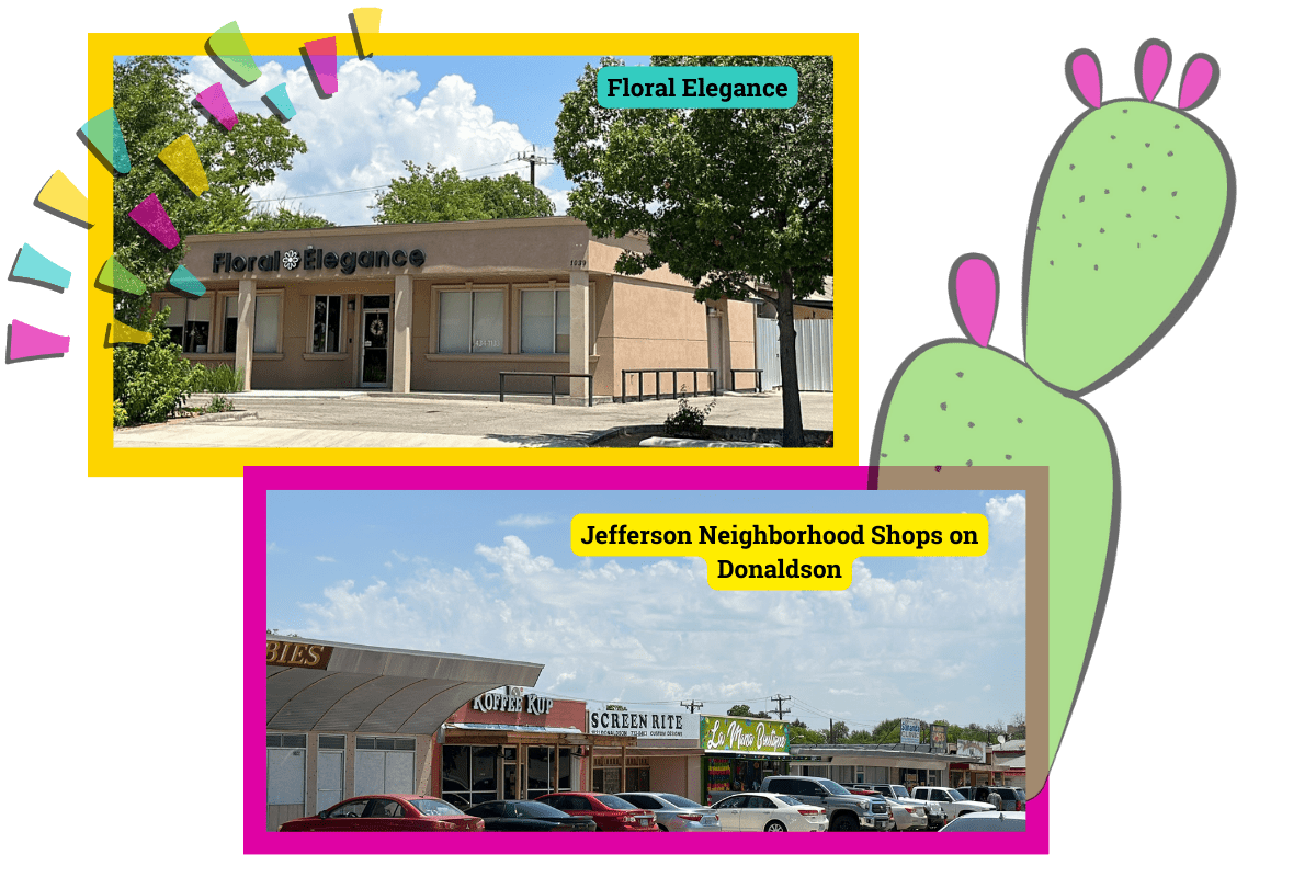 Two Photos: Top photo of Floral Elegance business building; Bottom photo of shopping center and businesses on Donaldson Ave. 