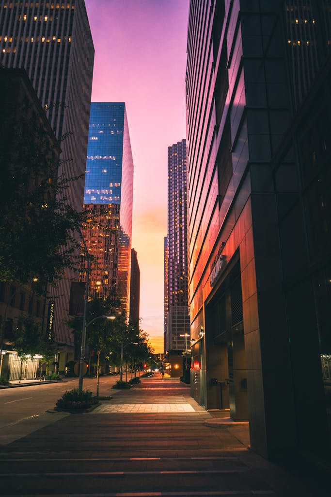 Empty Street Between High Rise Buildings during Nighttime